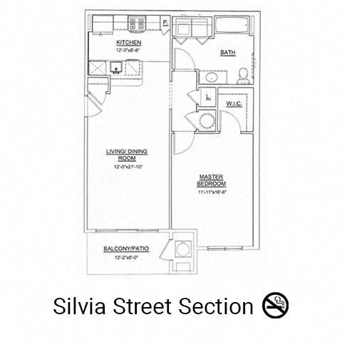 Floor plan for 1 bed, 1 bath, 858 sqft